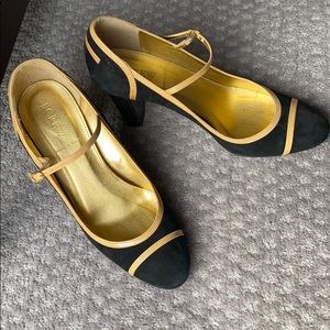 Sleek Suede J Crew Heels with nude/gold accents